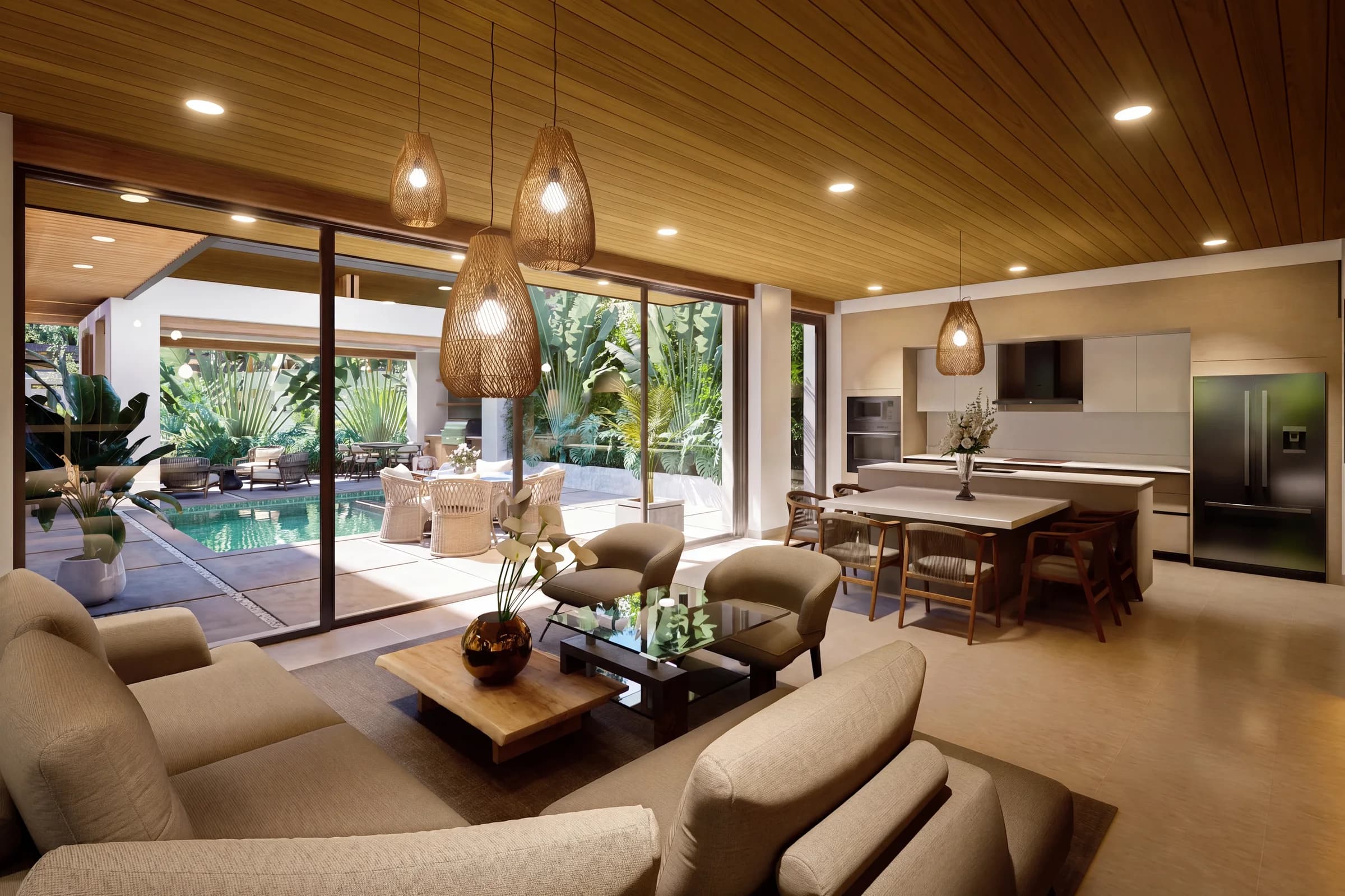 Model A living room opening toward the kitchen