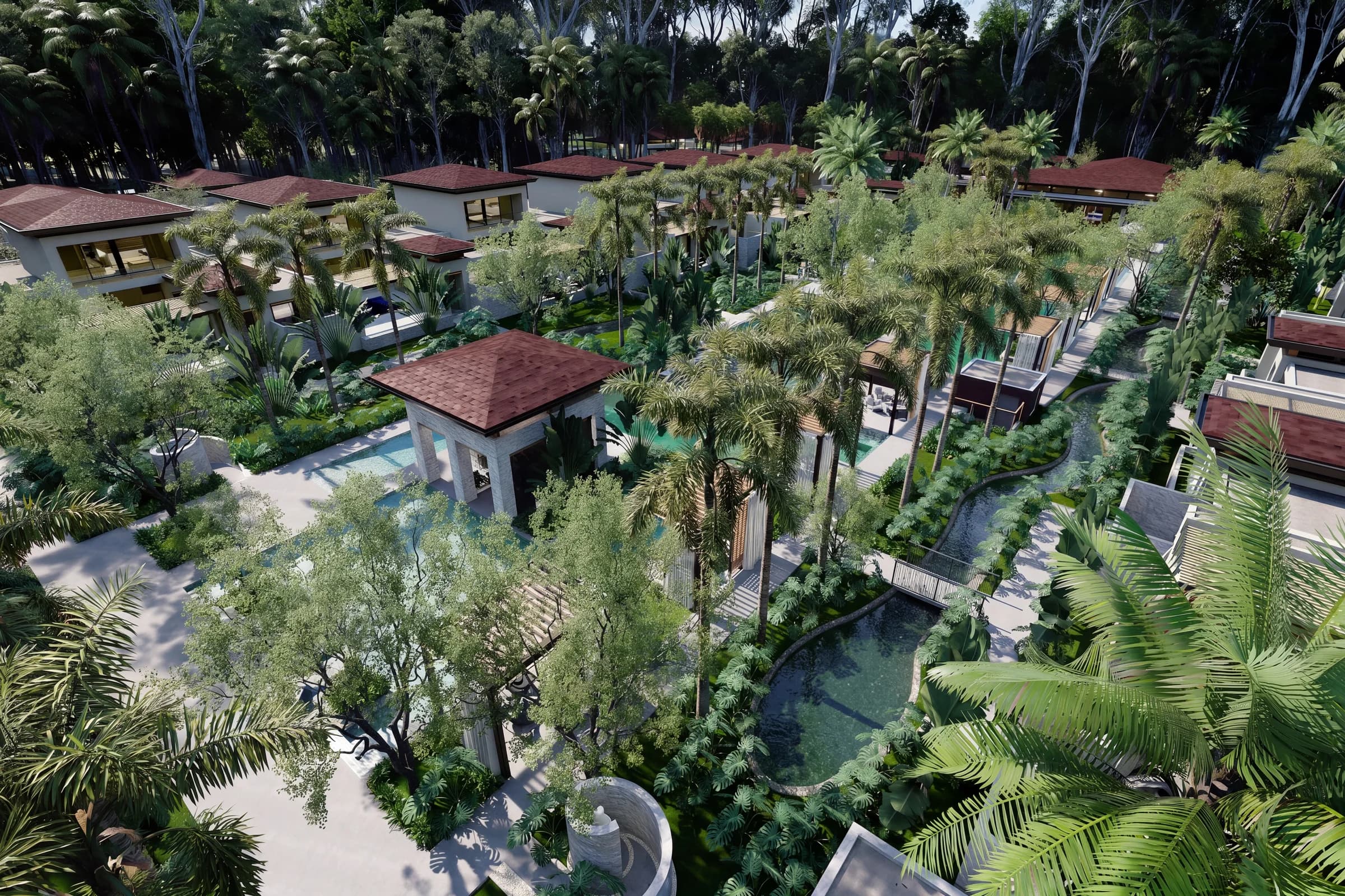 Aerial view of the water channel at The Oasis