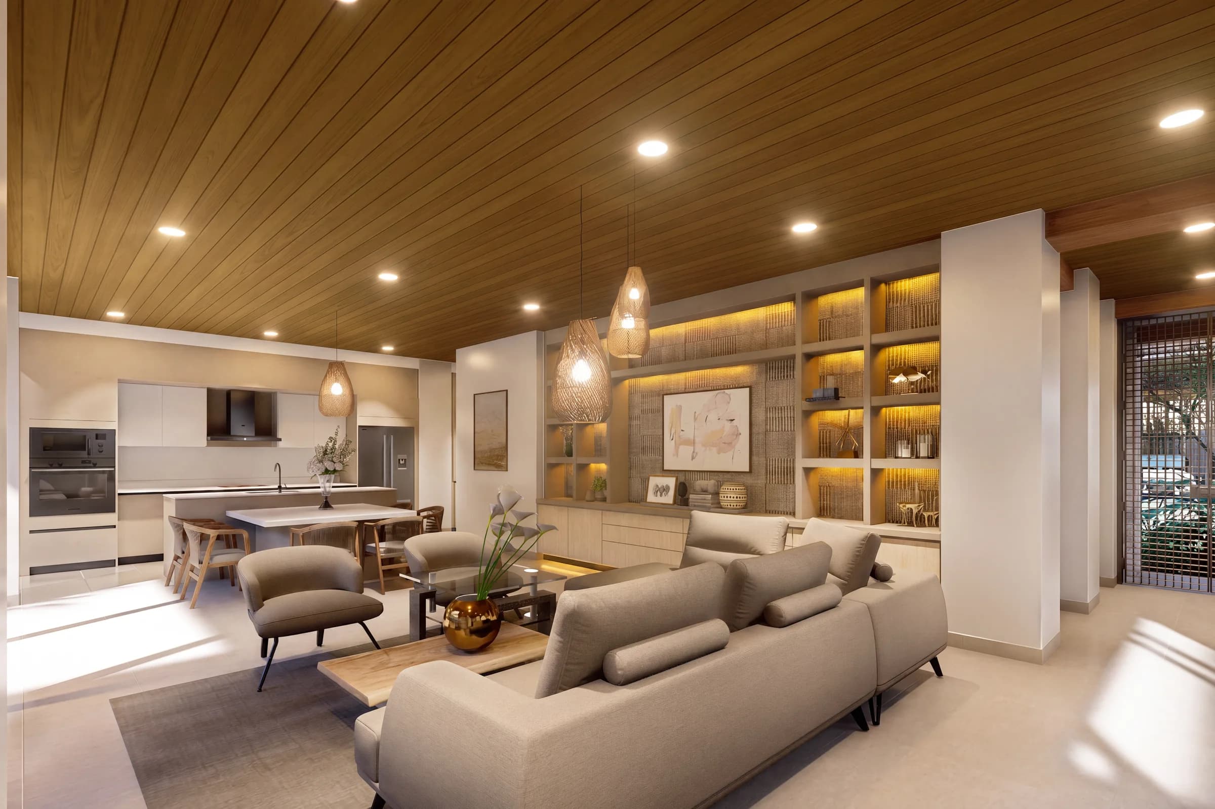 Model A living room and kitchen at The Oasis