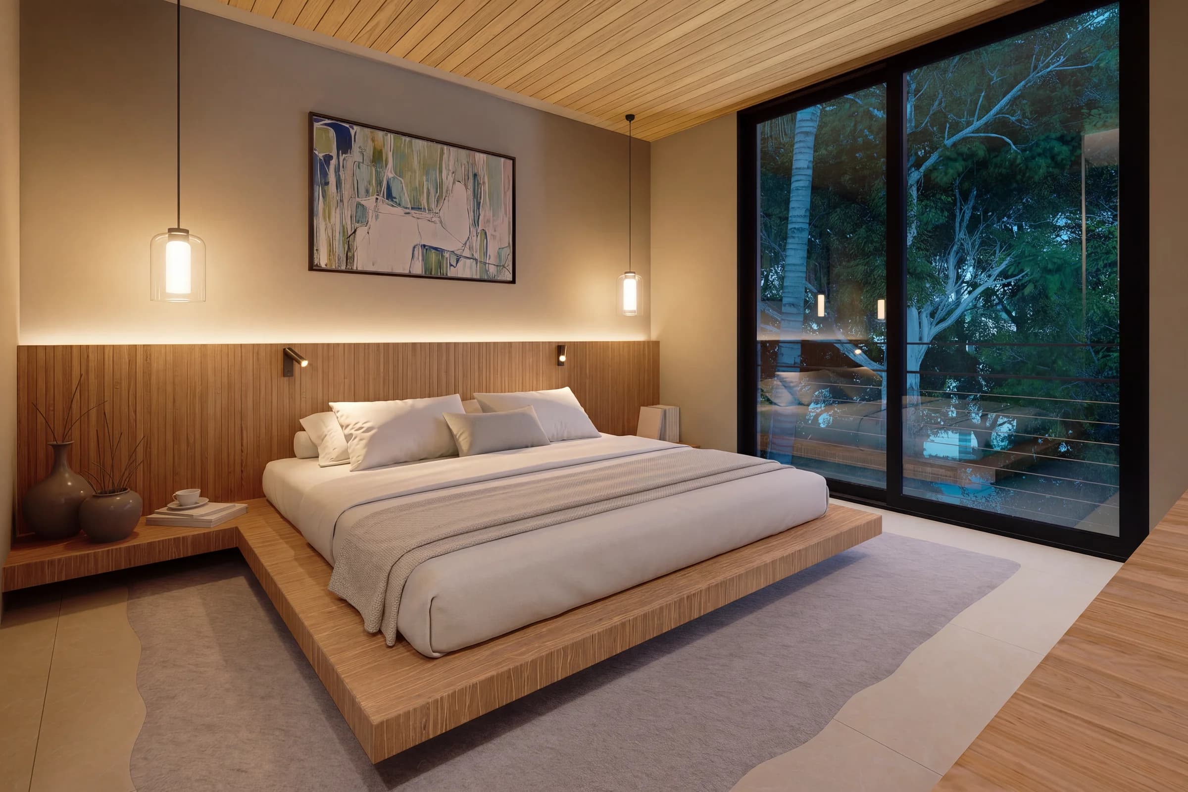 Apartment bedroom at blue hour