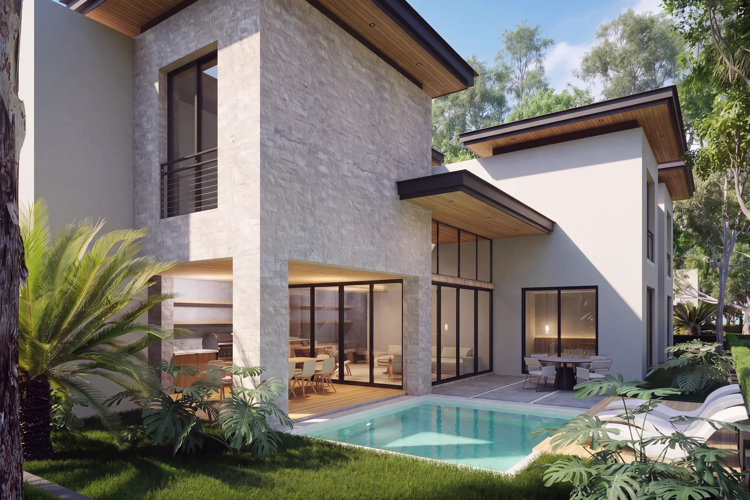 Apartment garden and pool in daylight