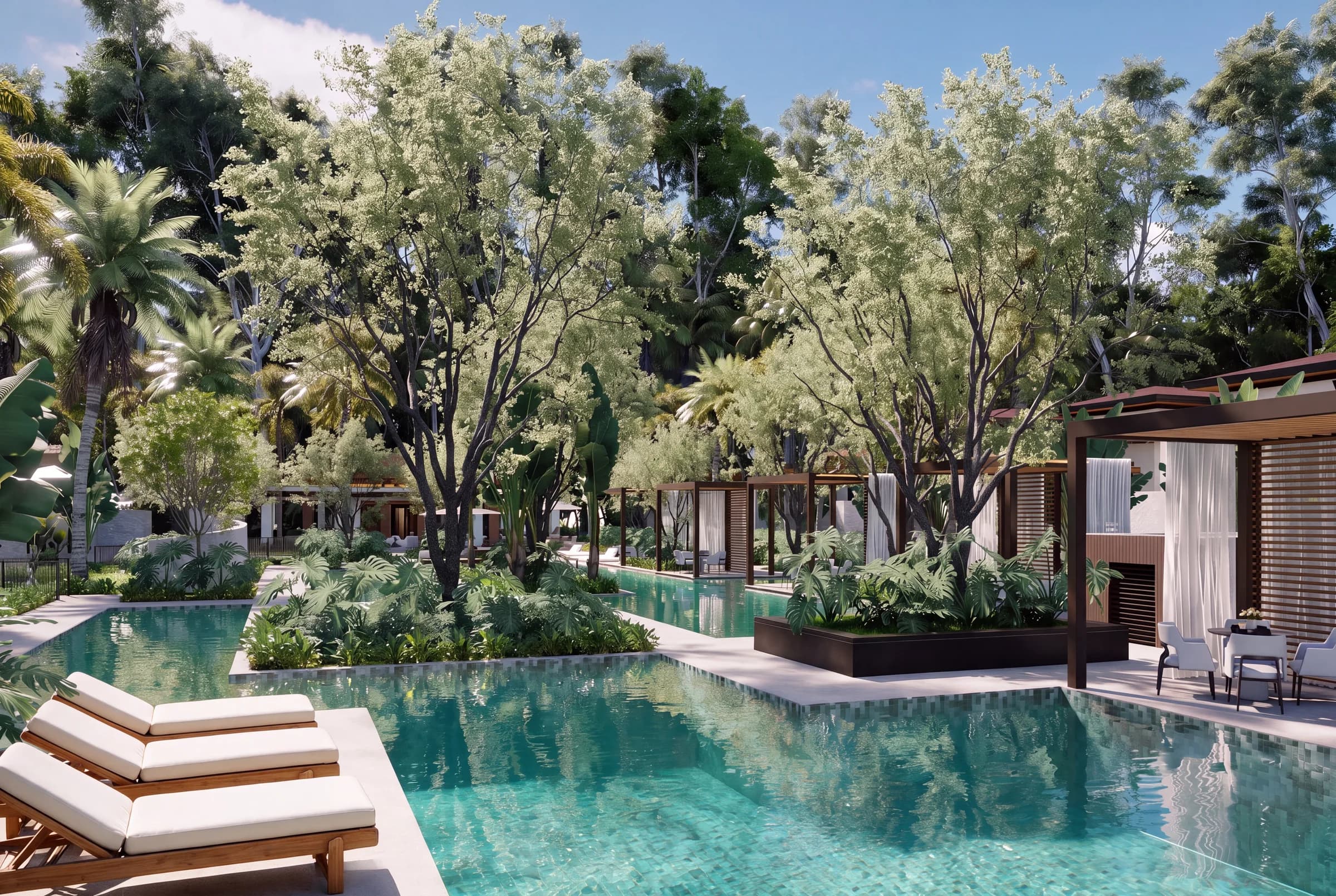 Sun loungers around The Oasis
