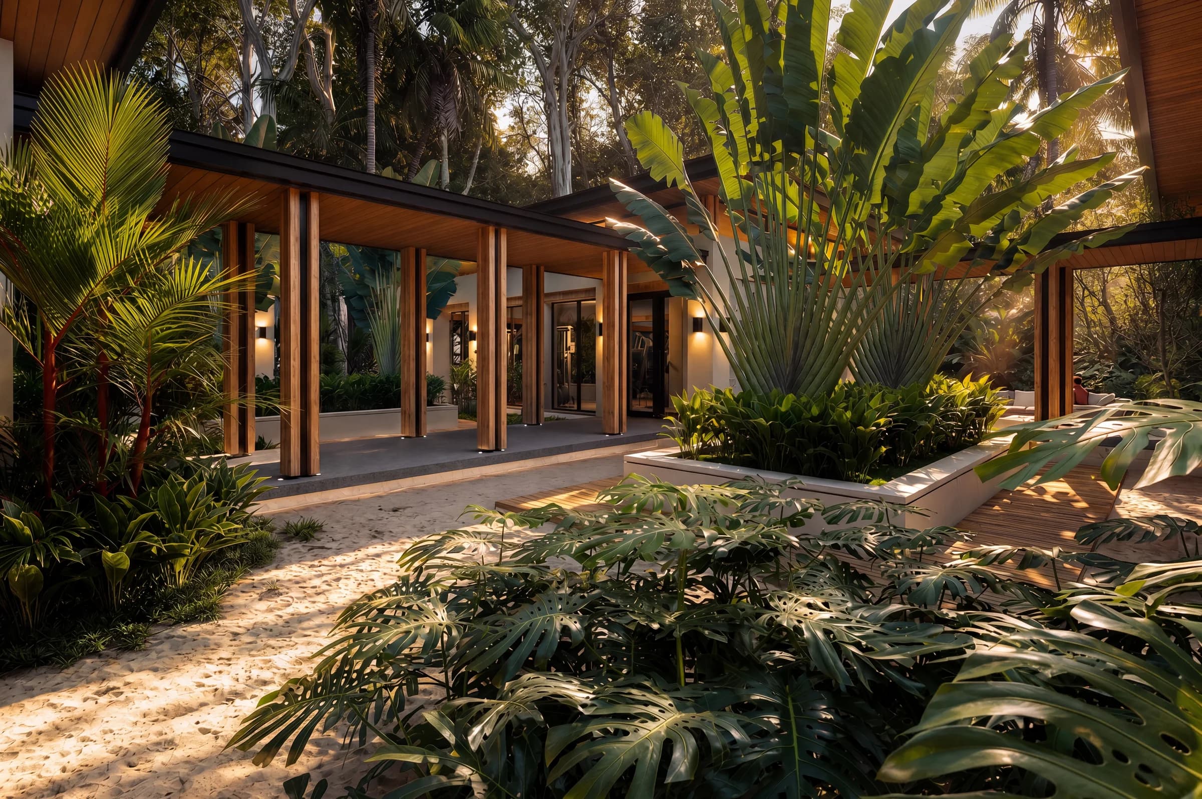 Architectural visualization of shared gardens and walkways at Selva Grand House, illustrating the care of common spaces.