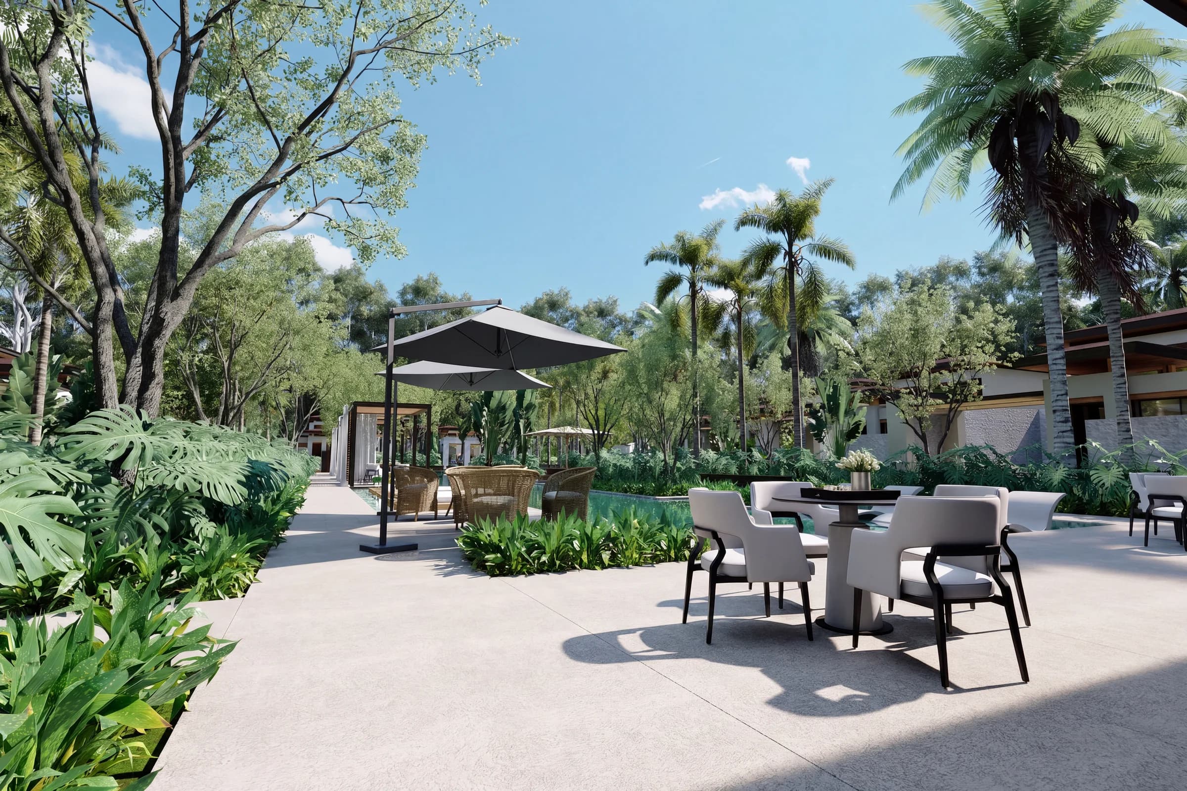 Outdoor dining terrace at The Oasis