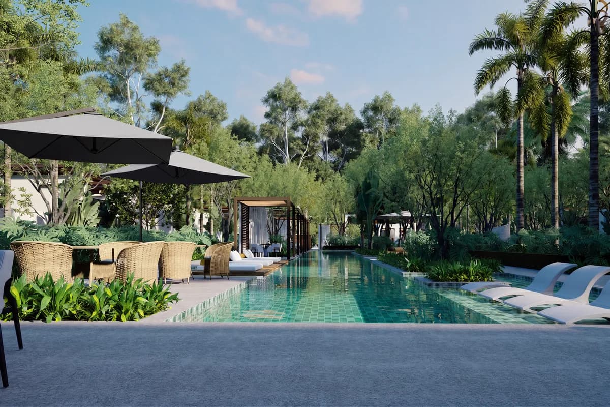 Architectural visualization of the long pool at The Oasis at Sueños del Mar.