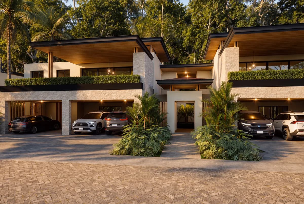 Architectural visualization of the apartment-building frontage at Sueños del Mar, illustrating the residence-selection stage.
