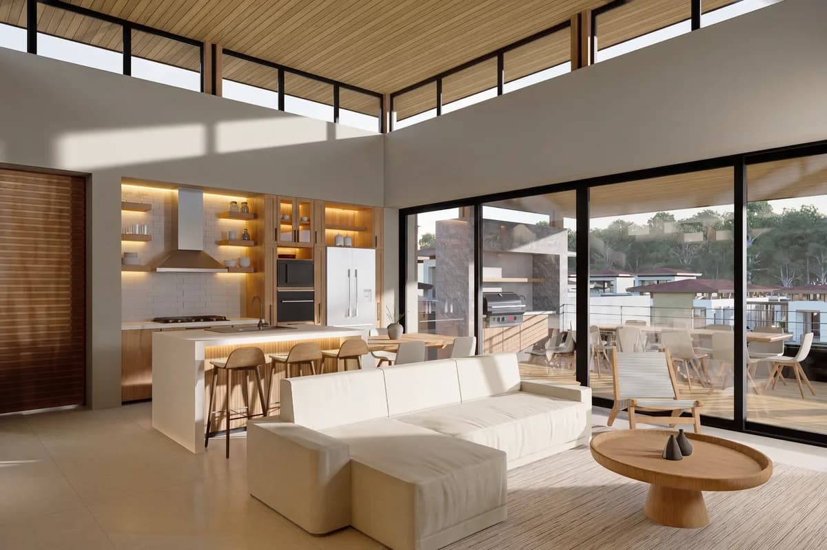 Architectural visualization of an unoccupied apartment living room and kitchen at Sueños del Mar.