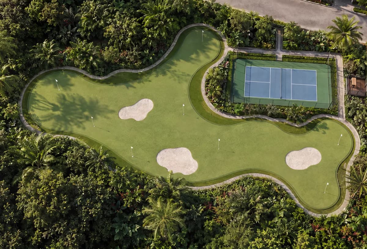 Architectural visualization of The Green chipping-and-putting practice area at Sueños del Mar.