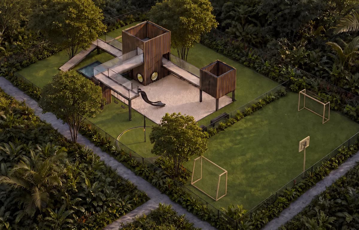 Architectural aerial visualization of the Garden Park areas at Sueños del Mar.