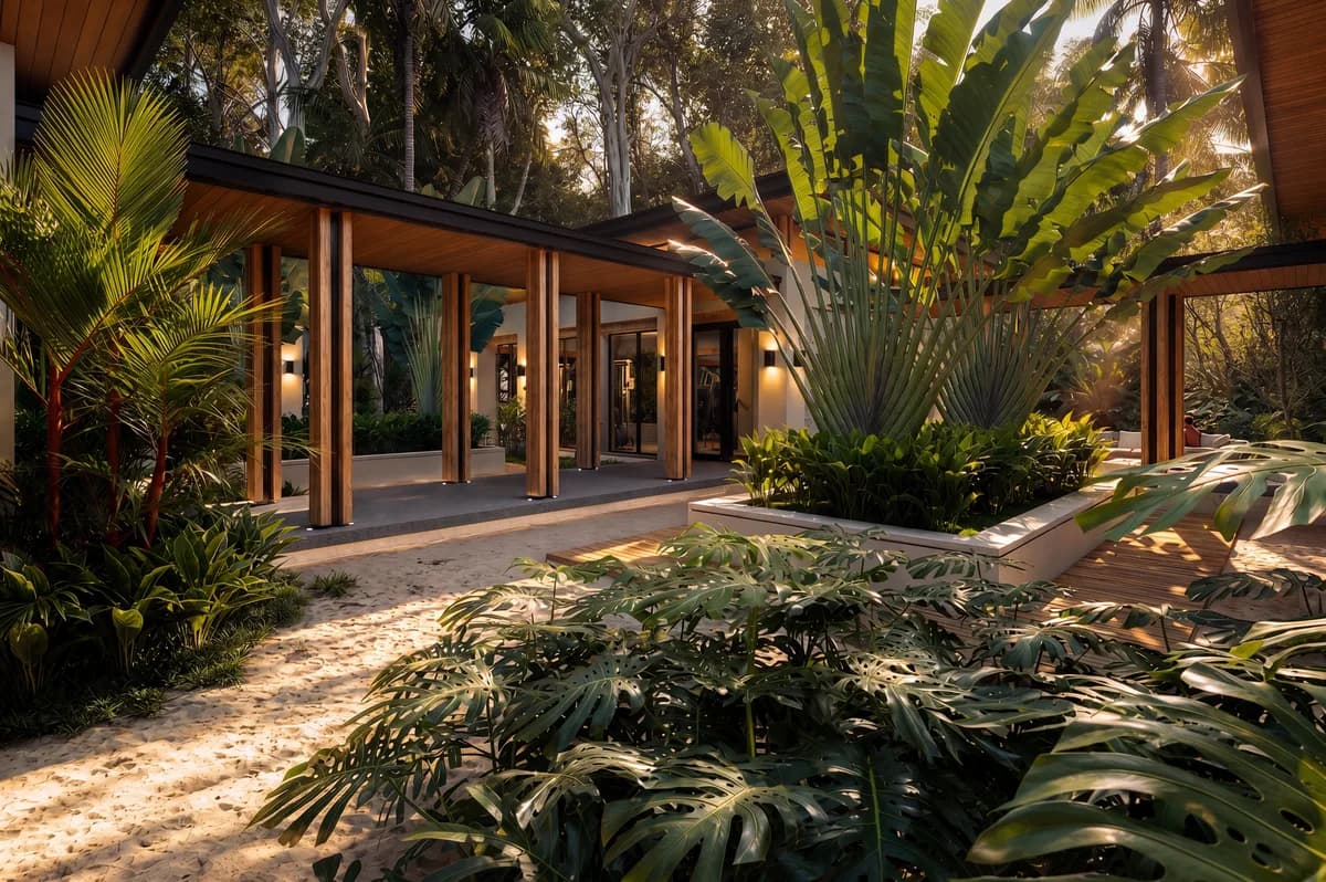 Architectural visualization of shared gardens and walkways at Selva Grand House, illustrating the care of common spaces.