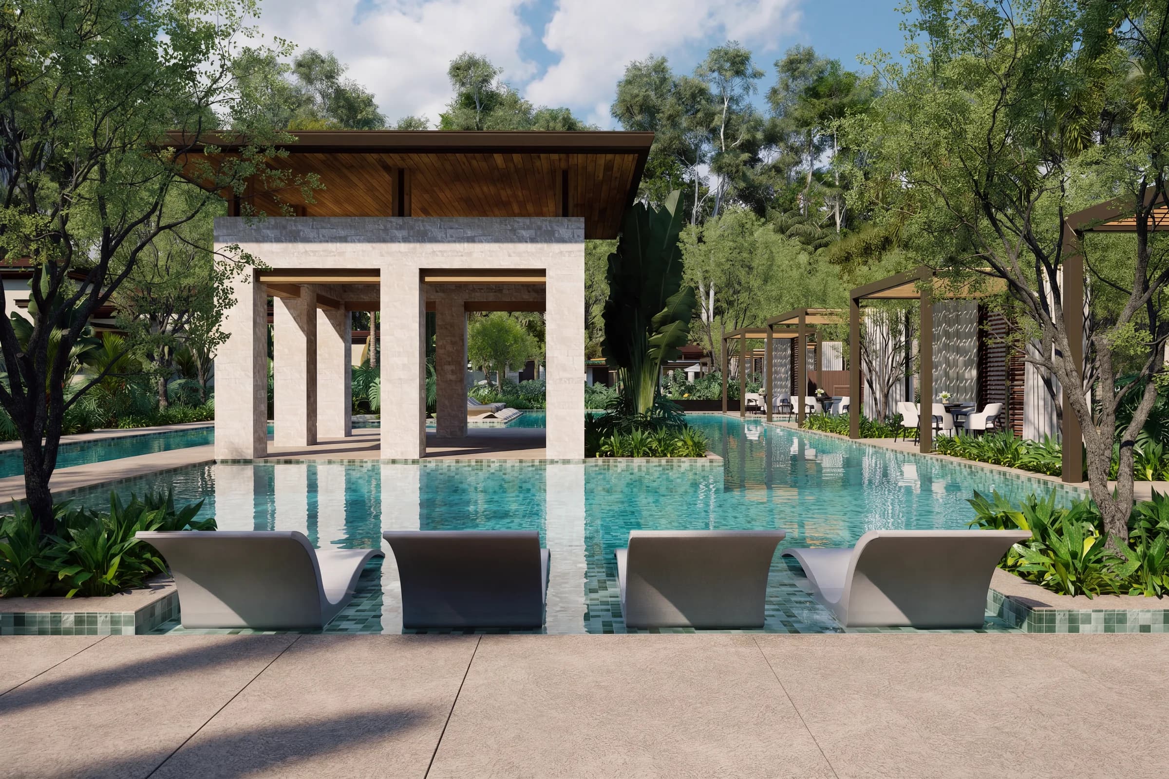 The Oasis island with in-water loungers in the foreground