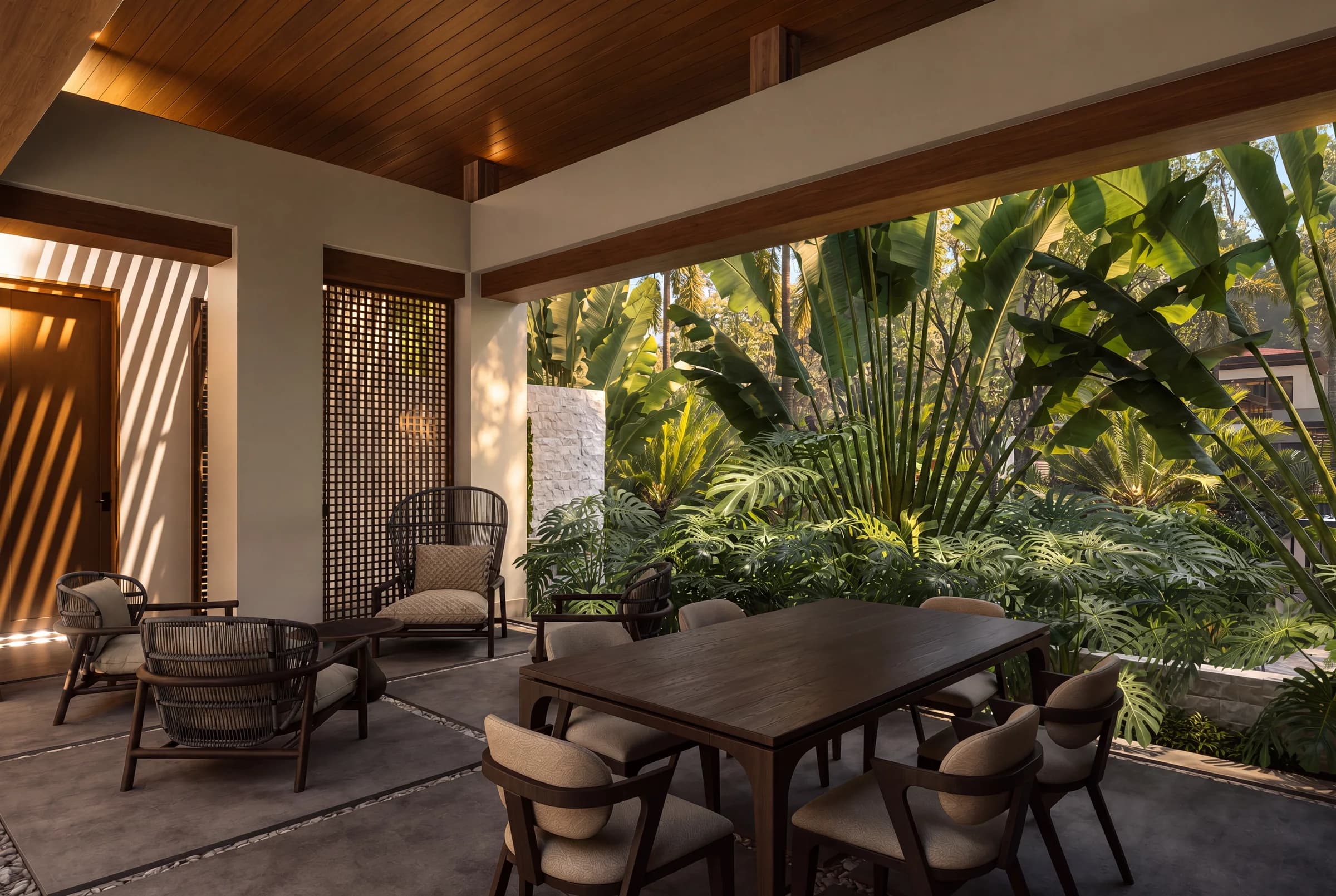 Architectural visualization of Model A’s shaded dining terrace at Sueños del Mar.