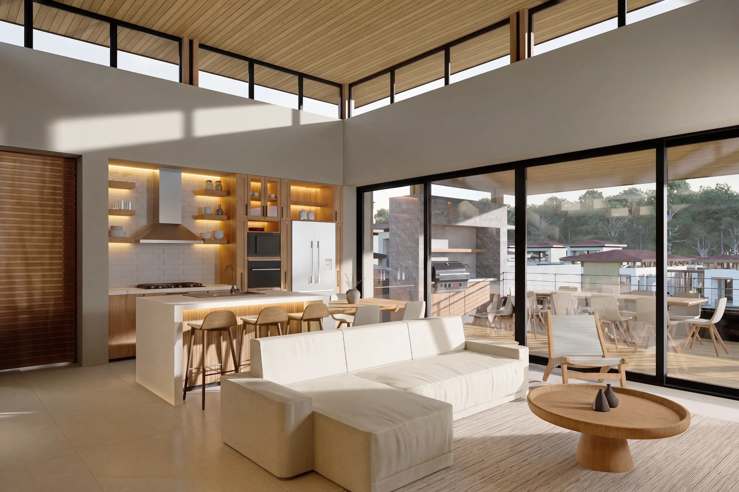 Architectural visualization of an apartment living area and terrace at Sueños del Mar, illustrating the article's discussion of how a home may be used.