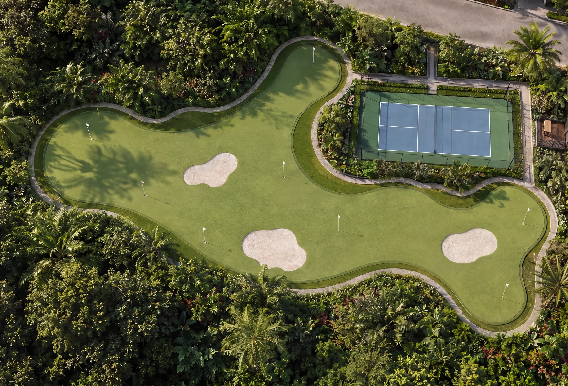 Golf practice area and pickleball courts at The Grounds