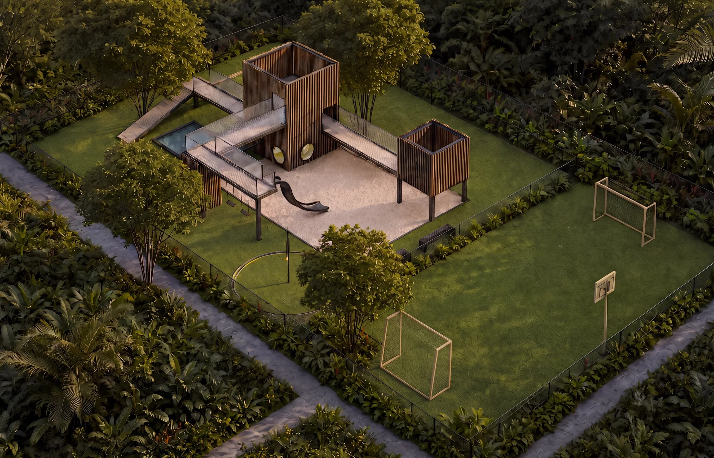 Architectural aerial visualization of the Garden Park areas at Sueños del Mar.